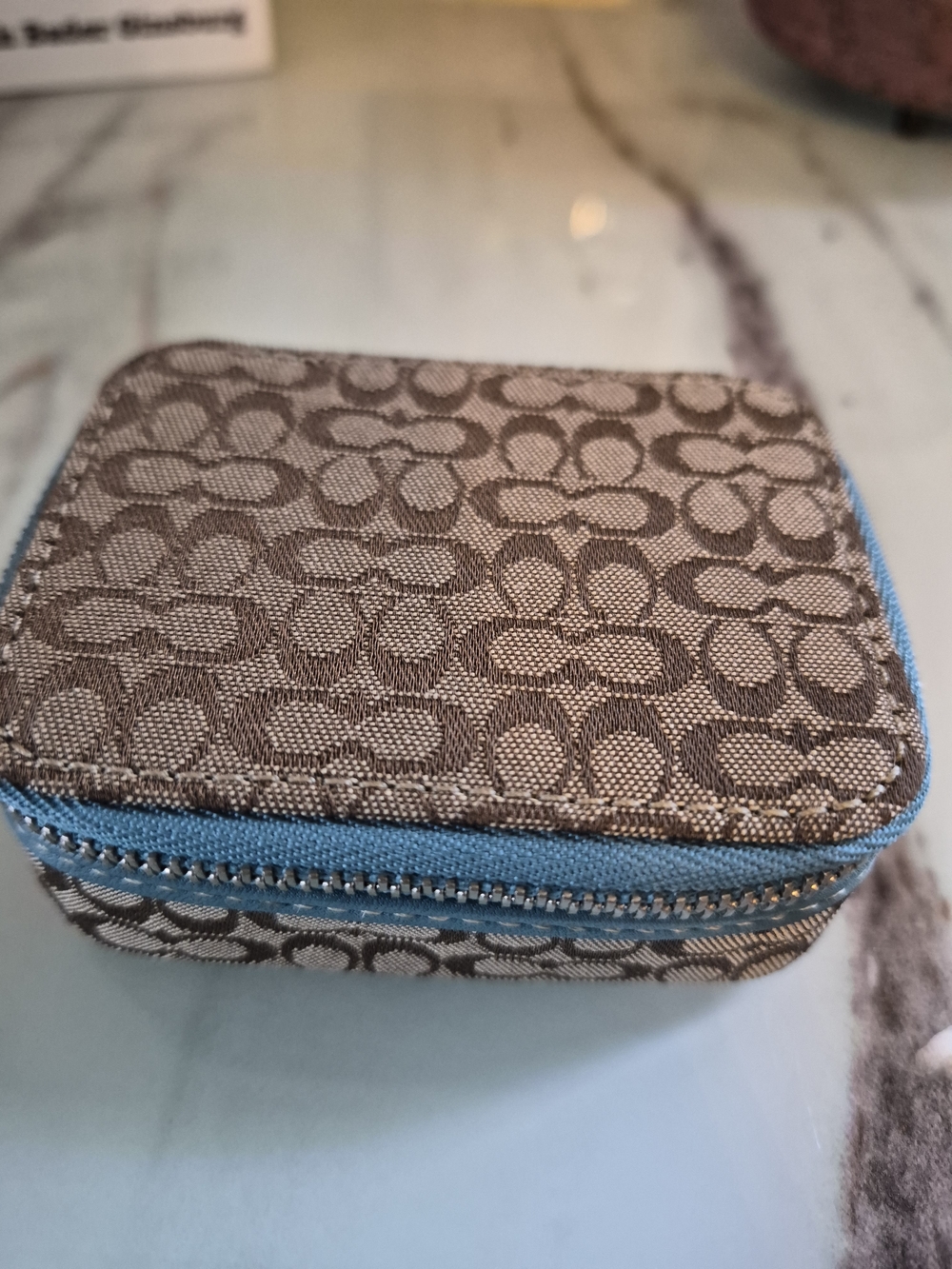 Coach Signature Canvas/Leather Trim Pill Case in Brown with Blue Trim
